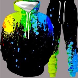 Men Casual Hooded Collar Graffiti Print Black Two-piece Pants Set
